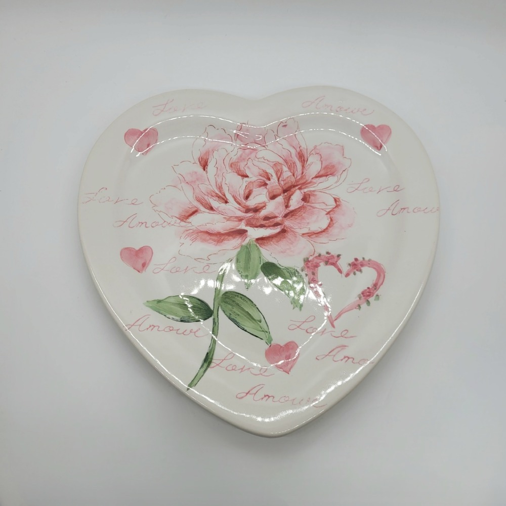 Maxcera Amour Heart Shaped Peony Plate Hand Painted Ceramic Pink White